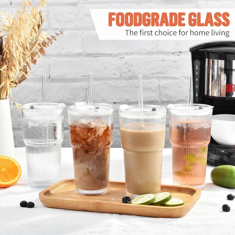 ALINK 20oz Glass Tumblers with Lids and Straws, Set of 2 - Stylish Ribbed Design Drinking Glasses for Iced Coffee Cups, Juice, Smoothies, Cold Beverages, Includes Cleaning Brush, Durable Glassware - Image 5
