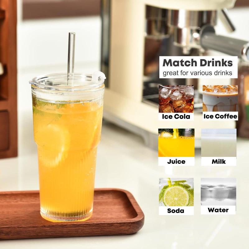 ALINK 20oz Glass Tumblers with Lids and Straws, Set of 2 - Stylish Ribbed Design Drinking Glasses for Iced Coffee Cups, Juice, Smoothies, Cold Beverages, Includes Cleaning Brush, Durable Glassware - Image 3