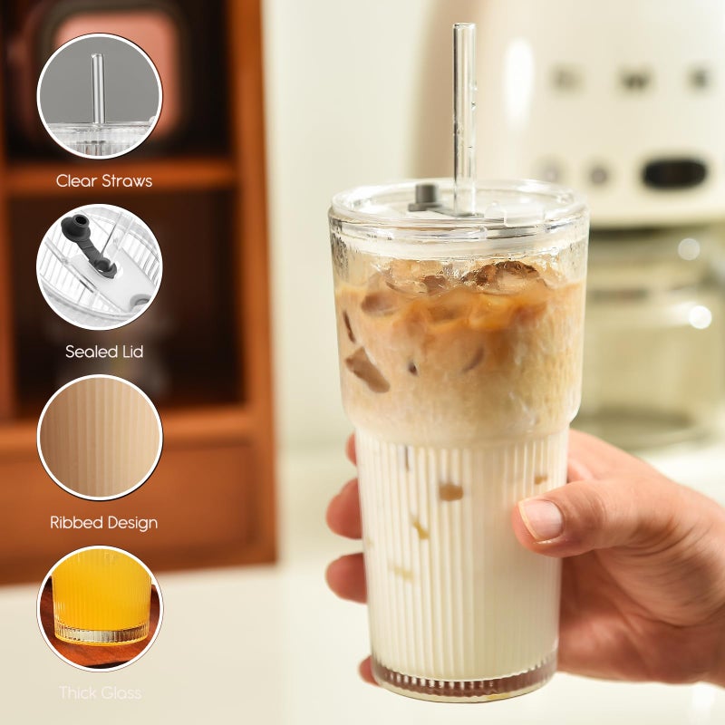 ALINK 20oz Glass Tumblers with Lids and Straws, Set of 2 - Stylish Ribbed Design Drinking Glasses for Iced Coffee Cups, Juice, Smoothies, Cold Beverages, Includes Cleaning Brush, Durable Glassware - Image 4
