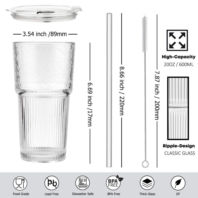 ALINK 20oz Glass Tumblers with Lids and Straws, Set of 2 - Stylish Ribbed Design Drinking Glasses for Iced Coffee Cups, Juice, Smoothies, Cold Beverages, Includes Cleaning Brush, Durable Glassware - Image 2