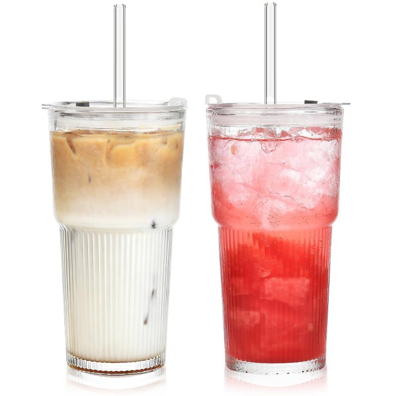 ALINK 20oz Glass Tumblers with Lids and Straws, Set of 2 - Stylish Ribbed Design Drinking Glasses for Iced Coffee Cups, Juice, Smoothies, Cold Beverages, Includes Cleaning Brush, Durable Glassware - Image 1