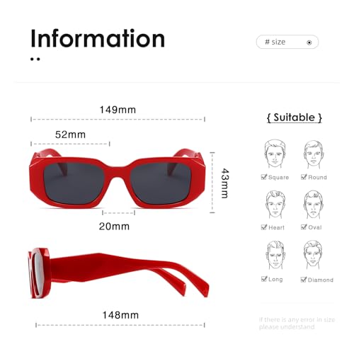 kimorn Rectangle Sunglasses for Women Men Trendy Retro Trendy Sun Glasses 90’s Vintage Square Frame K1307 (Red Sunglasses) - Image 3