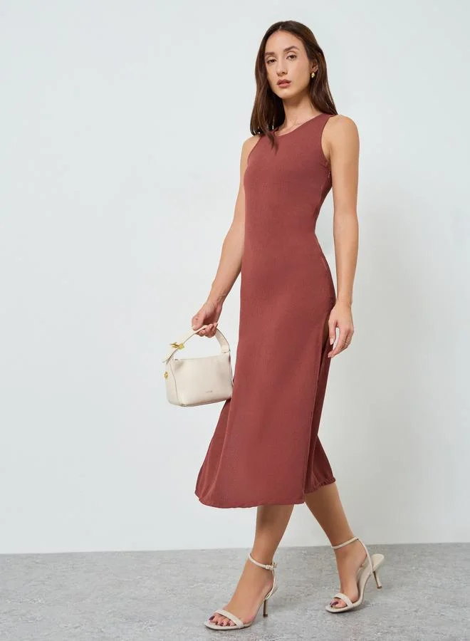 Women Brown Sleeveless A-Line Midi Dress