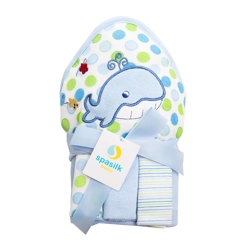 Spasilk Baby Bath Hooded Terry Towel with 3 Washcloths, Baby Bath Essentials, One Size, Blue Whale - Image 1