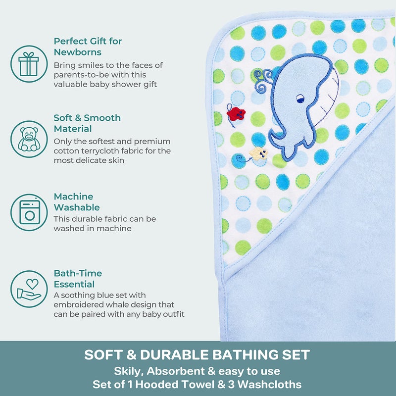 Spasilk Baby Bath Hooded Terry Towel with 3 Washcloths, Baby Bath Essentials, One Size, Blue Whale - Image 4