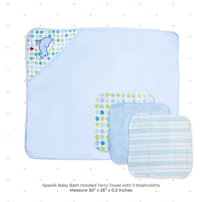 Spasilk Baby Bath Hooded Terry Towel with 3 Washcloths, Baby Bath Essentials, One Size, Blue Whale - Image 2