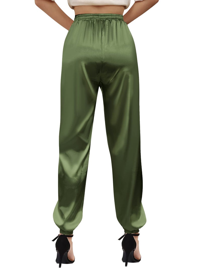 Betusline Women's Jogger Pants, Solid Color Satin Drawstring Flowy Casual Pants for Women, Green, US X-Small = Tag XS - Image 3