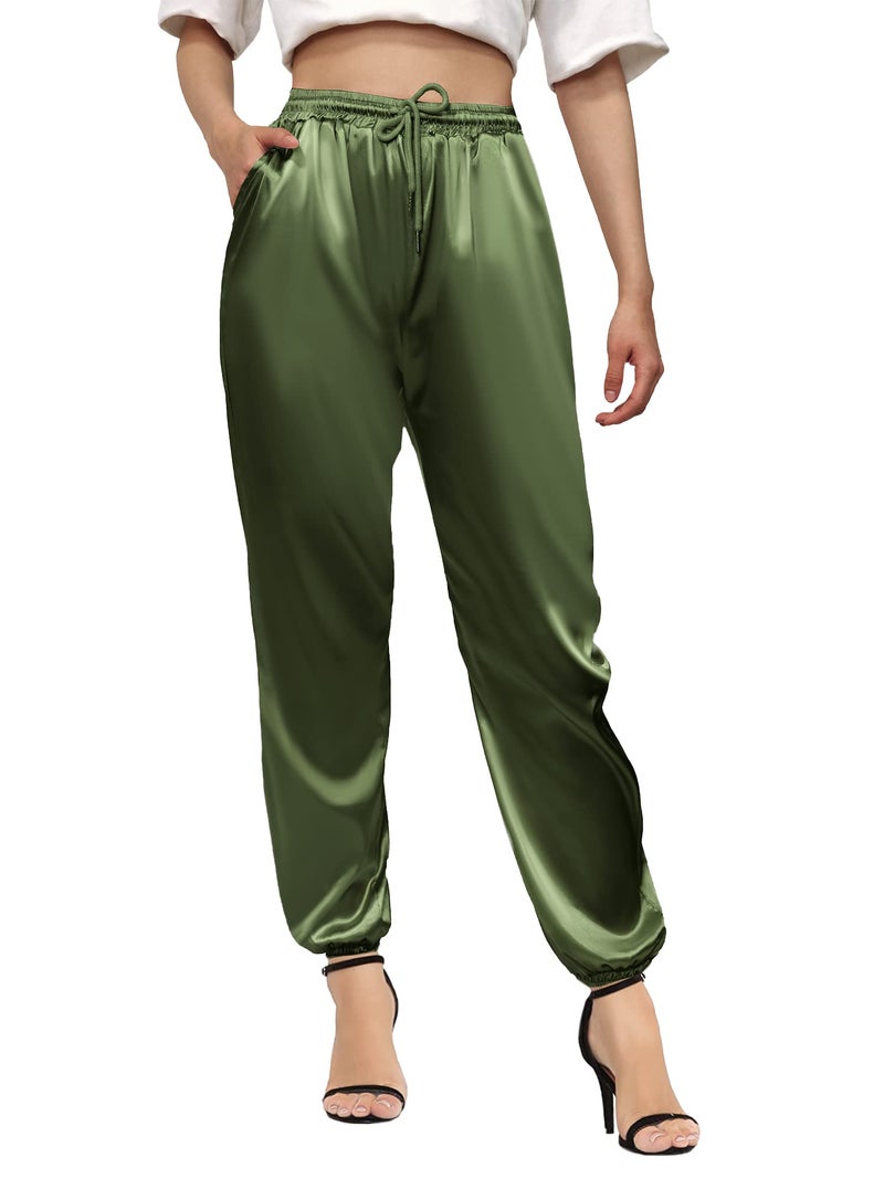 Betusline Women's Jogger Pants, Solid Color Satin Drawstring Flowy Casual Pants for Women, Green, US X-Small = Tag XS - Image 1