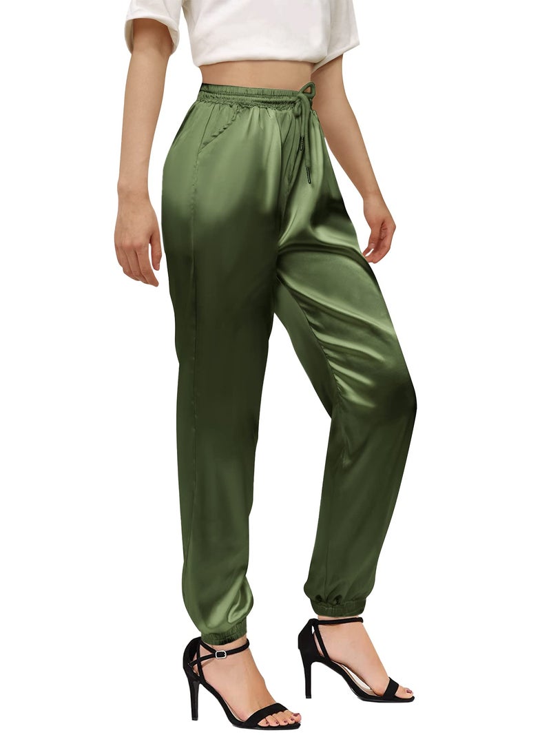 Betusline Women's Jogger Pants, Solid Color Satin Drawstring Flowy Casual Pants for Women, Green, US X-Small = Tag XS - Image 2