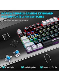 UCHUANG English Arabic Mechanical Gaming Keyboard with RGB LED Rainbow Backlit,Hot Swappable,Quick Response USB Wired Waterproof 87 Keys Keyboard for Windows/MacOS/Android PC Gamers - Black Grey/Blue Switch  - Image 2