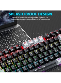 UCHUANG English Arabic Mechanical Gaming Keyboard with RGB LED Rainbow Backlit,Hot Swappable,Quick Response USB Wired Waterproof 87 Keys Keyboard for Windows/MacOS/Android PC Gamers - Black Grey/Blue Switch  - Image 4