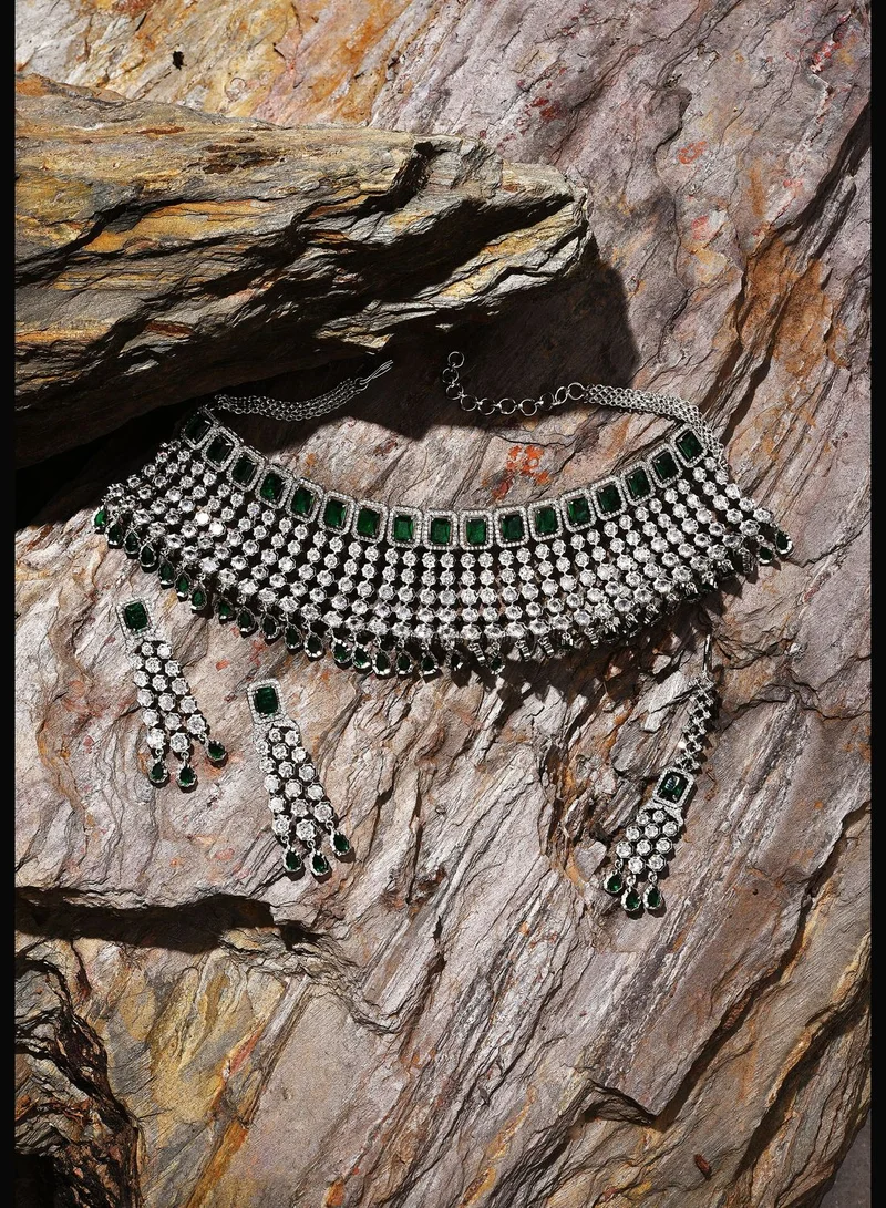 SOHI Silver Plated Designer Stone Necklace, Earrings and Maang Tikka Set
