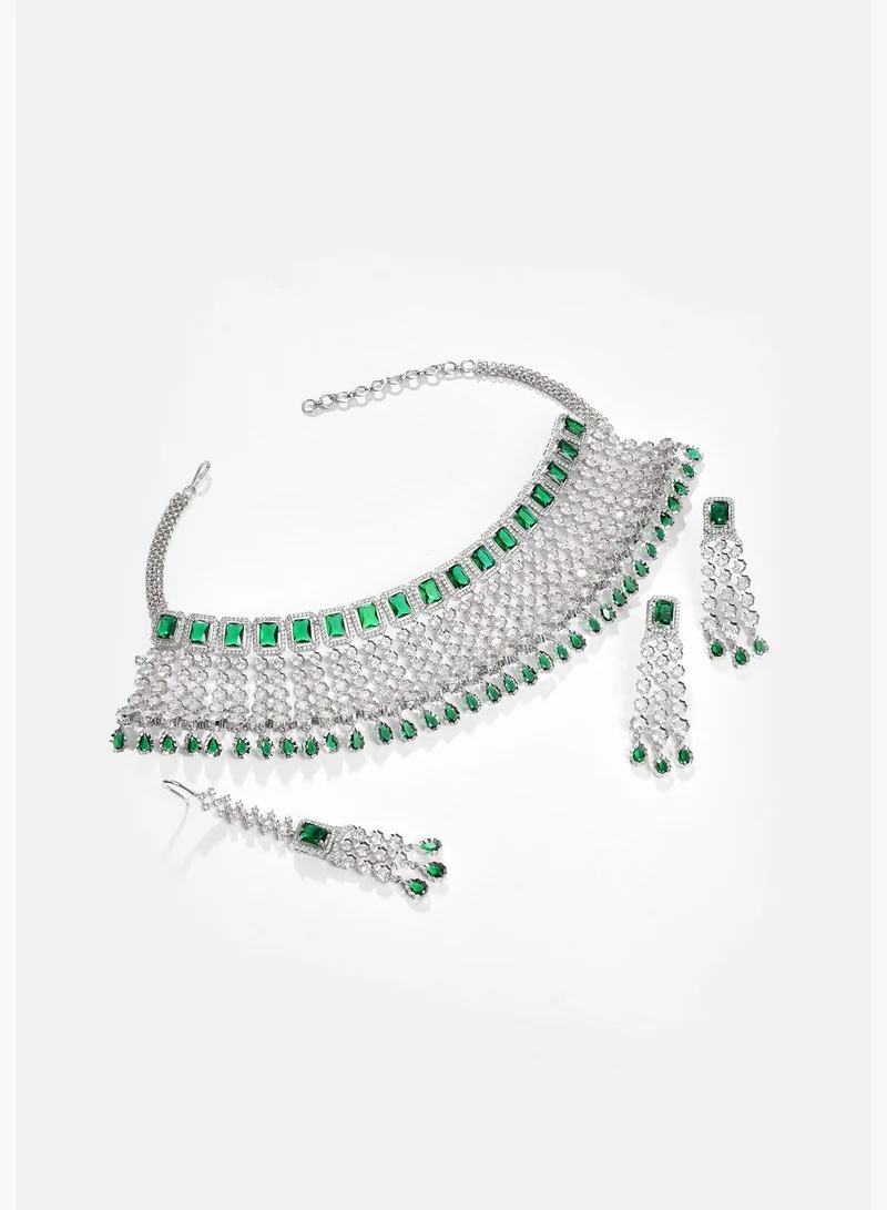 SOHI Silver Plated Designer Stone Necklace, Earrings and Maang Tikka Set