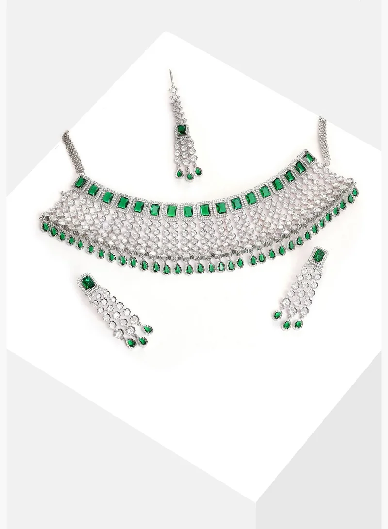 SOHI Silver Plated Designer Stone Necklace, Earrings and Maang Tikka Set