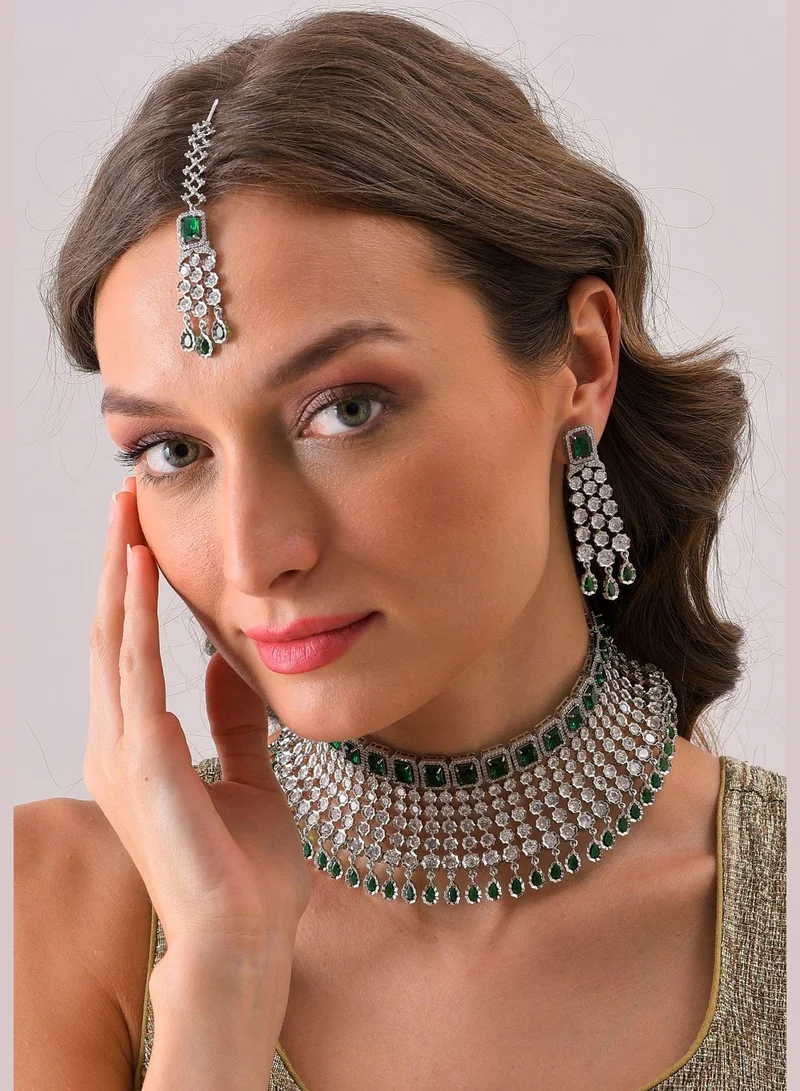 SOHI Silver Plated Designer Stone Necklace, Earrings and Maang Tikka Set