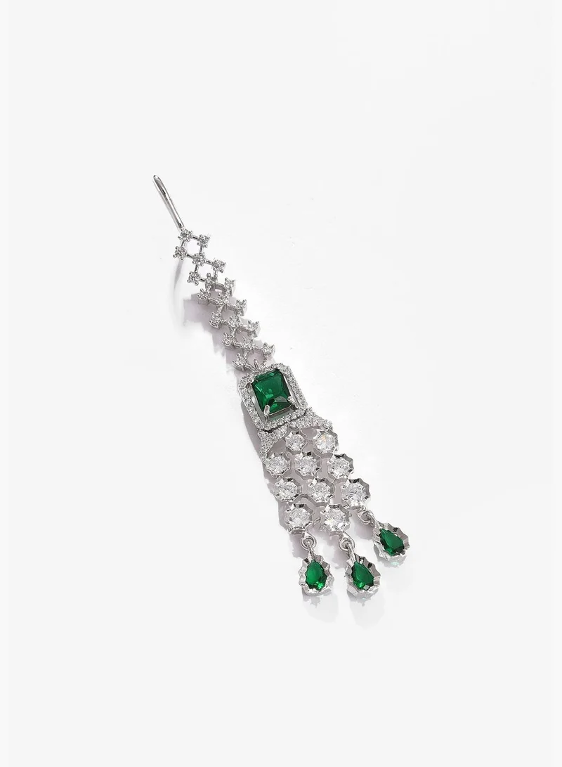 SOHI Silver Plated Designer Stone Necklace, Earrings and Maang Tikka Set