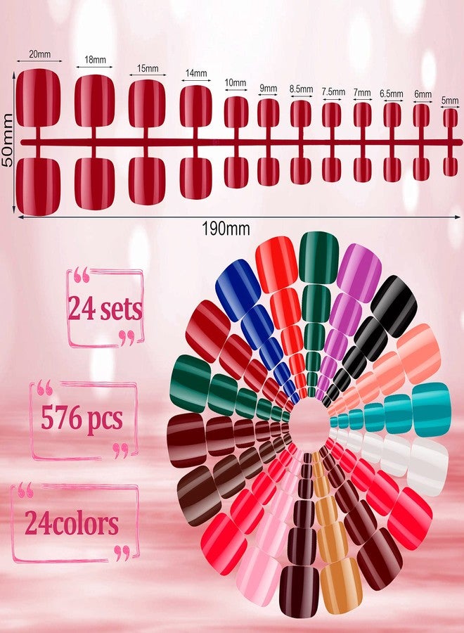 Maitys 576 Pieces 24 Sets Short Press on Toenails for Women Glossy Square Solid Color False Nail Full Cover Fake Colorful Artificial Tips for DIY Nail Art(Classic Colors) - Image 2