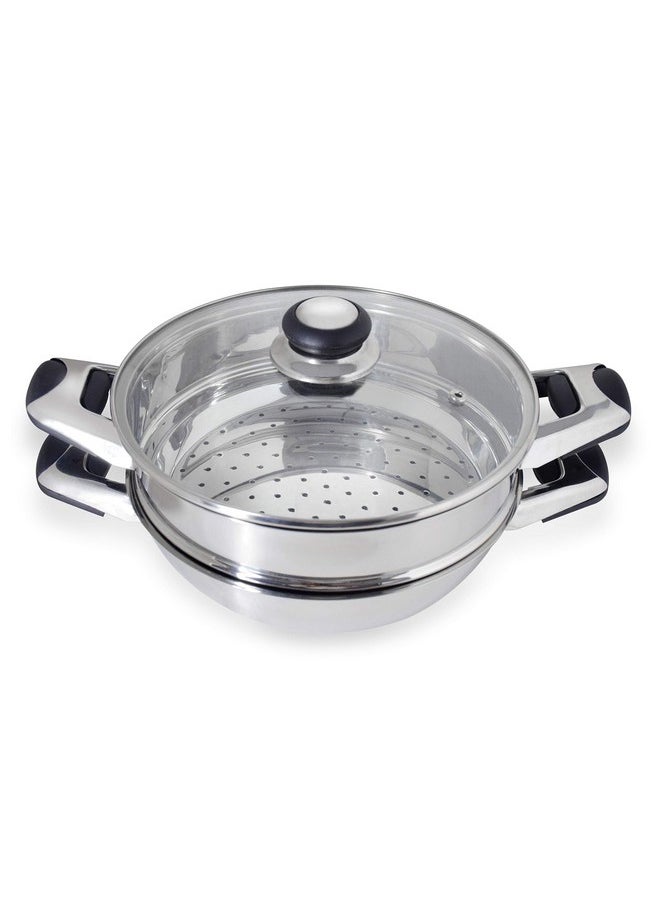 Pristine Pristine Stainless Steel Tri Ply Induction Base Multipurpose Kadai and Steamer with Glass Lid | 1 Kadai, 1 Steamer Basket, 1 Glass lid (22cm, Silver)  - Image 1