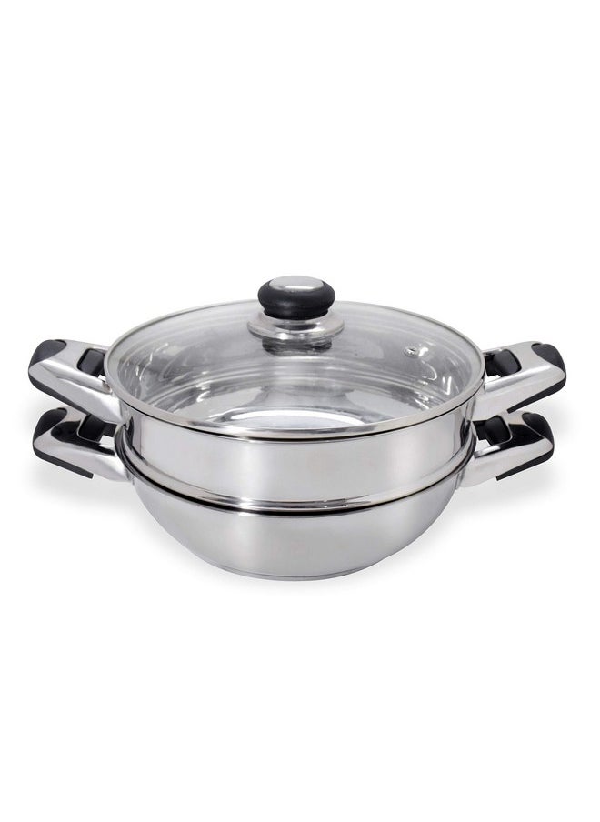 Pristine Pristine Stainless Steel Tri Ply Induction Base Multipurpose Kadai and Steamer with Glass Lid | 1 Kadai, 1 Steamer Basket, 1 Glass lid (22cm, Silver)  - Image 2