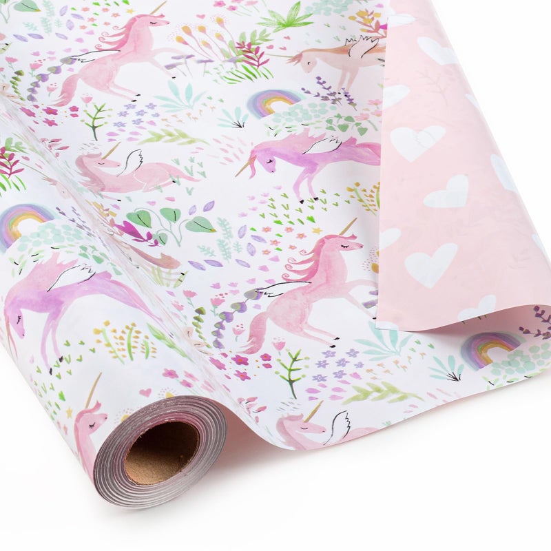 Garbendy Pink Unicorn Wrapping Paper Mini Roll 17 InchX 328 Feet Colorful Plants Florals Pink Heart Reversible Girls Gift Paper for Birthday Baby Shower Party Holiday Party - Image 3