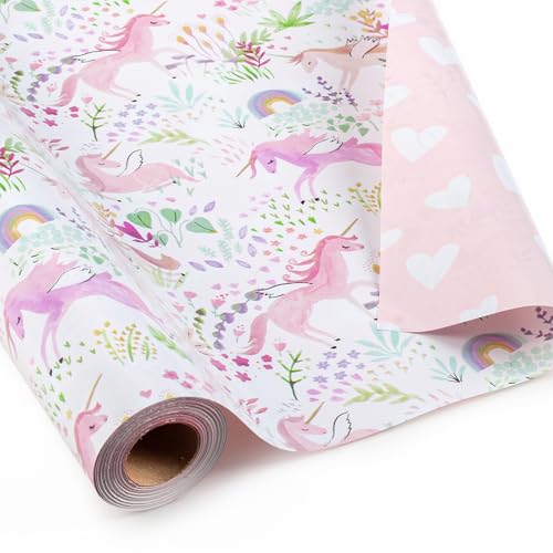 Garbendy Pink Unicorn Wrapping Paper Mini Roll 17 InchX 328 Feet Colorful Plants Florals Pink Heart Reversible Girls Gift Paper for Birthday Baby Shower Party Holiday Party - Image 2
