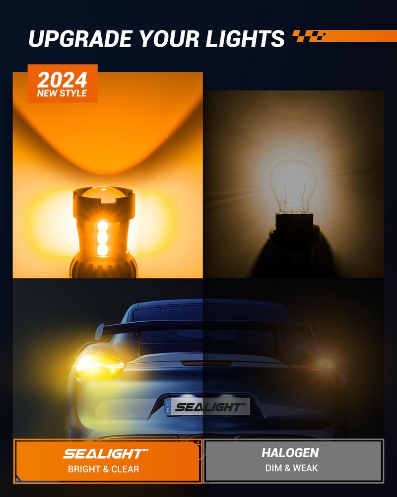 SEALIGHT مصباح LED SEALIGHT 7443 7440 للأضواء التحذيرية باللون الكهرماني، T20 7441 7444 992 W21W مع بروجيكتور لمؤشر الانتظار، عبوة من 2 - Image 3