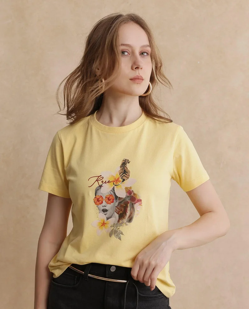 Rareism Women's Abstract Collage Printed T Shirt