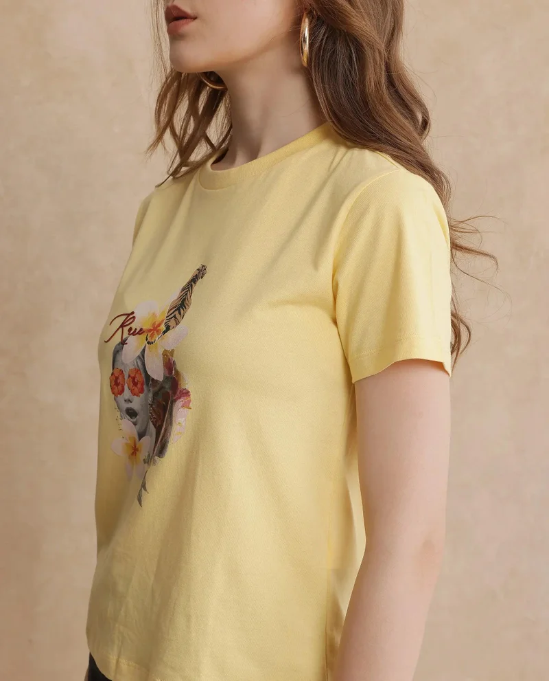 Rareism Women's Abstract Collage Printed T Shirt