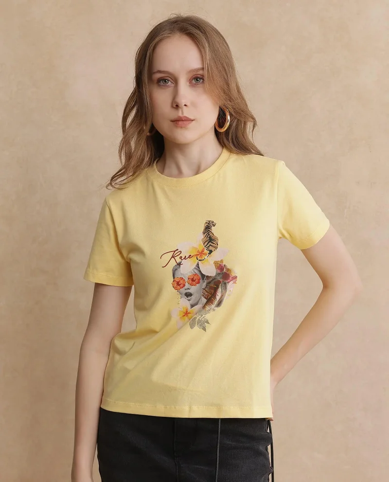 Rareism Women's Abstract Collage Printed T Shirt