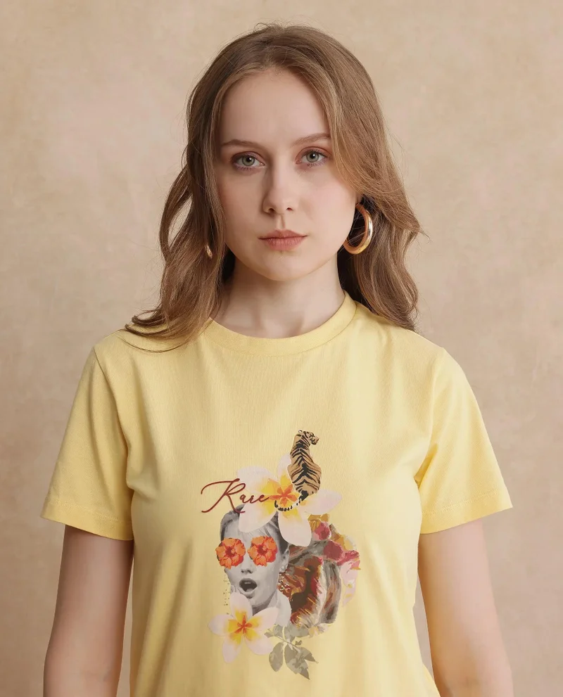 Rareism Women's Abstract Collage Printed T Shirt