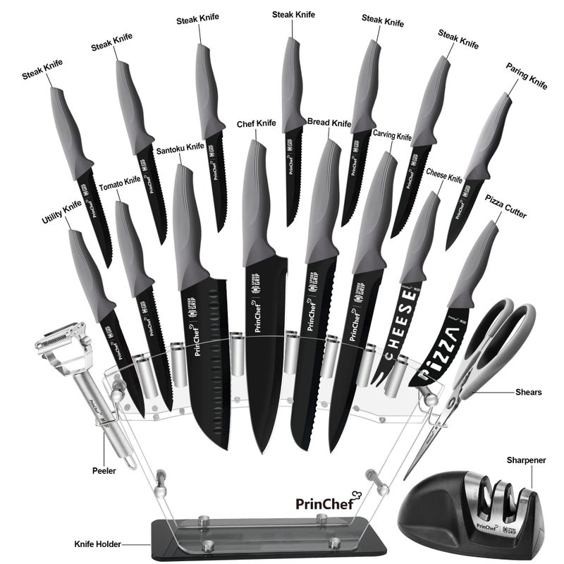 PrinChef Knife Set, 19 Pcs Rust Proof Knives Set for Kitchen, with Acrylic Stand, Sharpener, Scissors and Peeler, Stainless Steel kitchen knife set Nonstick and No Scratch - Image 2