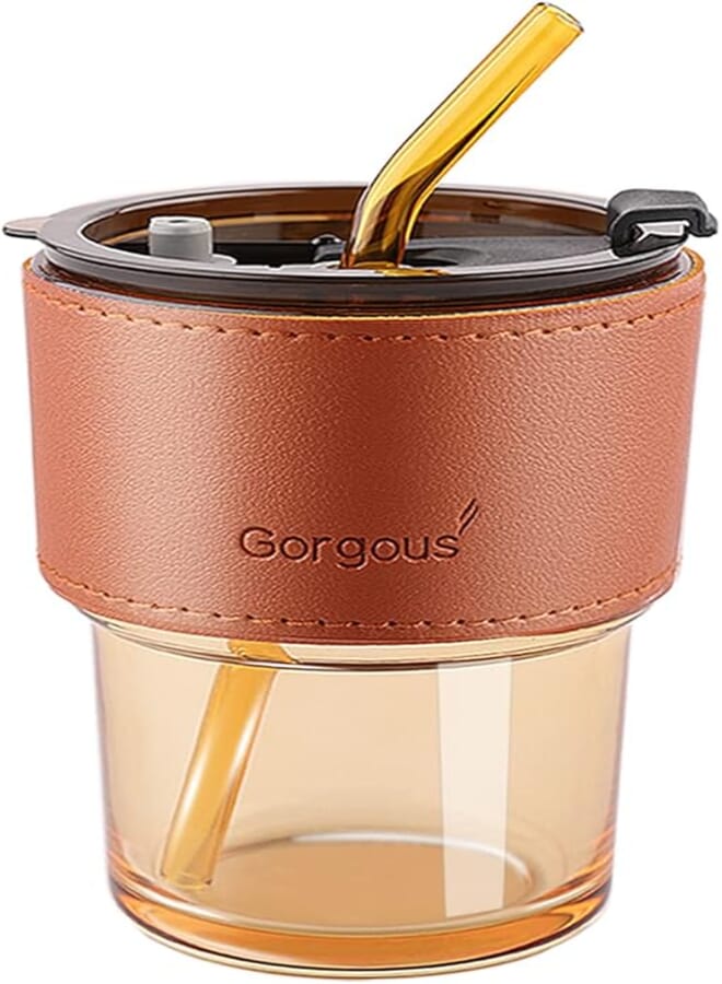 Spaceshoop Morpape Drinking Glass with Lid and Straw, Airtight Waterproof Design Glass Cup, Preserving Jar with Insulated Cup Sleeves, Iced Coffee Smoothie, Cocktail 420 ml Brown