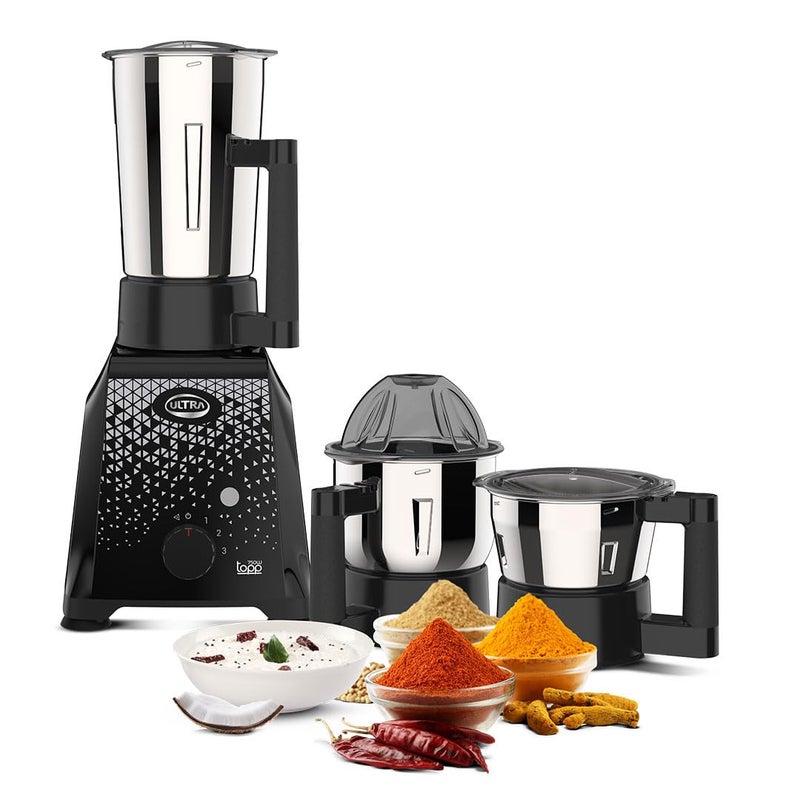 Ultra UltraToppMixergrinderfor SuperfastgrindingHigh Speed750 WattsSafetyLocksystem AISI 304Food GradeStainlessSteelJars3Jars ABS BodySerratedbladesCylindricalJars5YearWarrantyonMotorsJet Black - Image 1