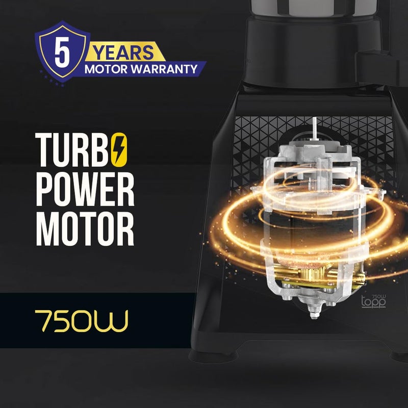 Ultra UltraToppMixergrinderfor SuperfastgrindingHigh Speed750 WattsSafetyLocksystem AISI 304Food GradeStainlessSteelJars3Jars ABS BodySerratedbladesCylindricalJars5YearWarrantyonMotorsJet Black - Image 3