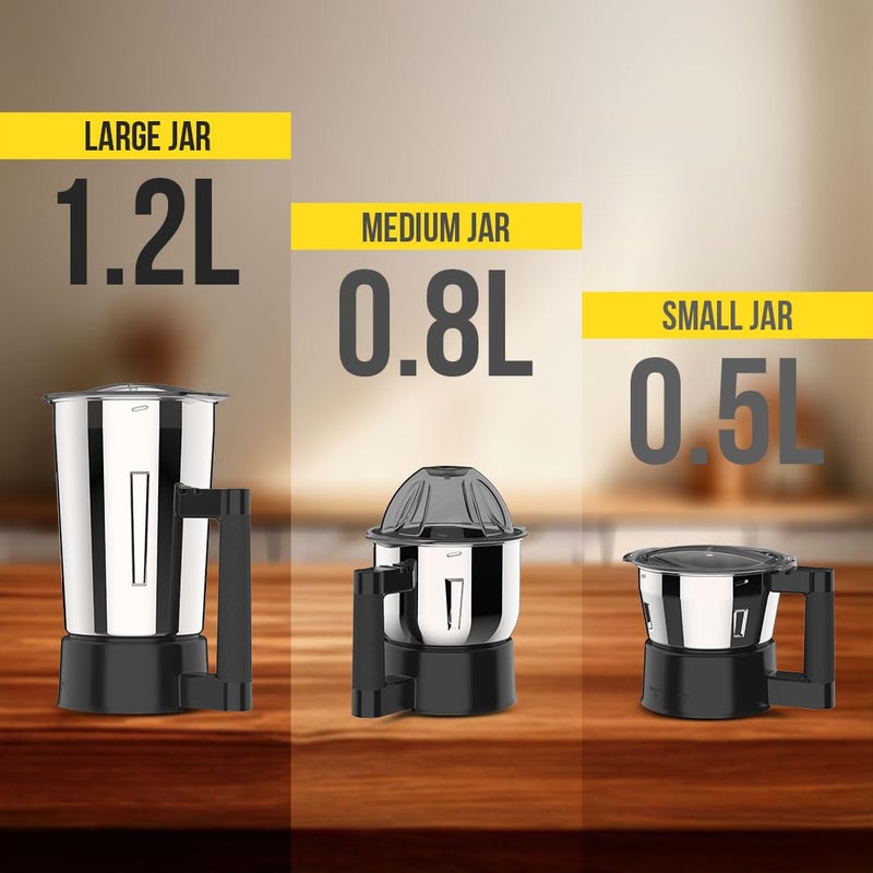 Ultra UltraToppMixergrinderfor SuperfastgrindingHigh Speed750 WattsSafetyLocksystem AISI 304Food GradeStainlessSteelJars3Jars ABS BodySerratedbladesCylindricalJars5YearWarrantyonMotorsJet Black - Image 2