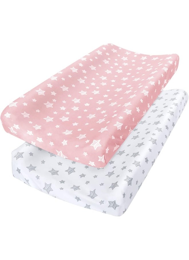 Moonsea Moonsea Changing Pad Covers for Boys Girls 2 Pack, Lovely Print Soft Unisex Diaper Change Table Sheets, Fit 32"/34''x16" Contoured Pad, Comfy Cozy 2-Pack Cradle Sheets, Pink & White  - Image 1