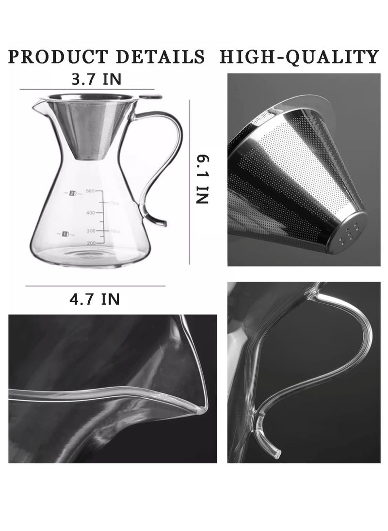 Excefore Pour Over Coffee Maker, Elegant Drip Coffee Maker with Reusable Stainless Steel Filter Dripper, Lead-Free Borosilicate Glass Coffee Carafe for 1-4Cup, 500ml 18oz  - Image 4