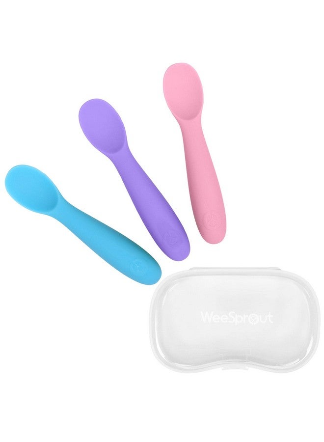 WeeSprout Baby Spoons for Self Feeding 6 Months +, Soft & Durable Silicone Utensils for Sensitive Gums & Teeth, Easy Grip Handles & Shorter Length for Little Hands, 3 Pack + Carrying Case - Image 1