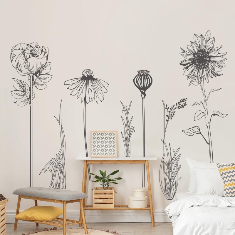 Supzone Extra Large Black Flower Wall Decals Simple Sketch Wildflower Floral Wall Stickers for Girls Bedroom Living Room Bathroom Office Adult Home Decor - Image 3