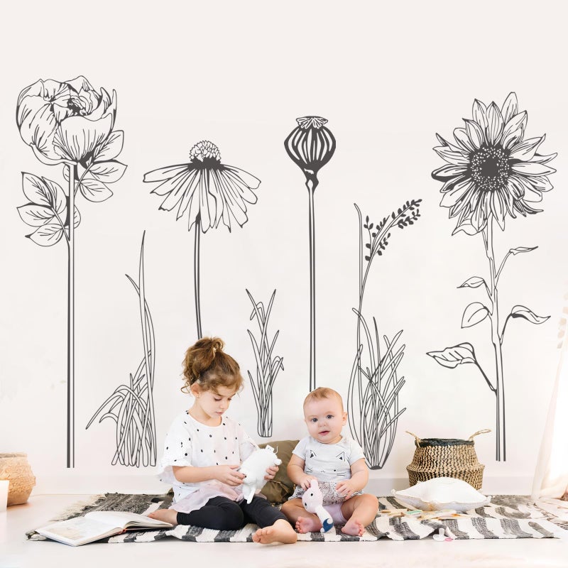 Supzone Extra Large Black Flower Wall Decals Simple Sketch Wildflower Floral Wall Stickers for Girls Bedroom Living Room Bathroom Office Adult Home Decor - Image 2