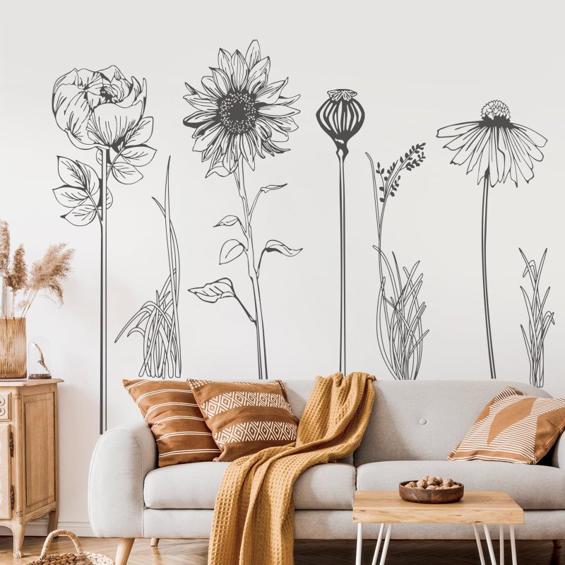 Supzone Extra Large Black Flower Wall Decals Simple Sketch Wildflower Floral Wall Stickers for Girls Bedroom Living Room Bathroom Office Adult Home Decor - Image 1