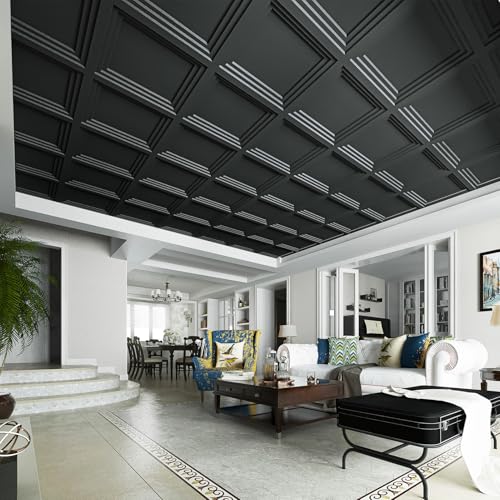 Art3d 12-Pack 24x24 Inch PVC Waterproof Drop Ceiling Tiles for Home Décor - 2x2 ft 3D Modern Ceiling Panel for Suspended Grid, Black - Image 3