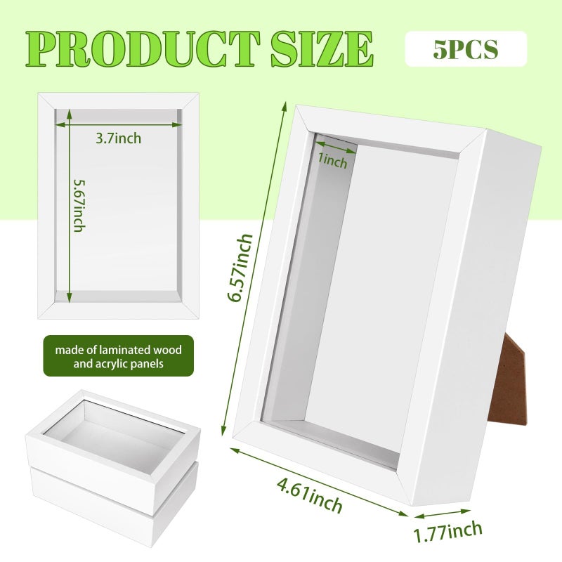 VOKOY 5 Pack 4" x 6" Shadow Box Frame, Small Wood Hollow Picture Frame with Clear Acrylic Front, 1" Deep Shadowbox Display Cases for Photos Dried Flowers Seashell Memorabilia DIY Crafts Medals (White) - Image 2