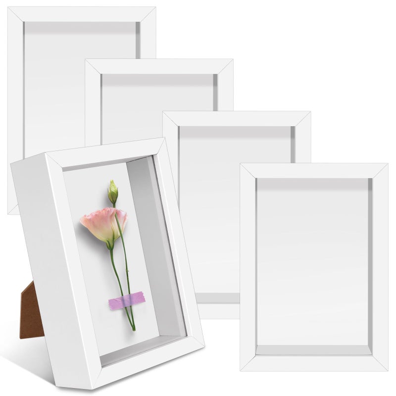 VOKOY 5 Pack 4" x 6" Shadow Box Frame, Small Wood Hollow Picture Frame with Clear Acrylic Front, 1" Deep Shadowbox Display Cases for Photos Dried Flowers Seashell Memorabilia DIY Crafts Medals (White) - Image 1