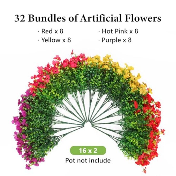 SAEUYVB 32 Bundles Artificial Flowers for Outdoors,Fake Flowers with Violets & Eucalyptus Leaves in 4 Vibrant Colors,UV Resistant Artificial Outdoor Flowers for Garden Porch Patio Decor - Image 3