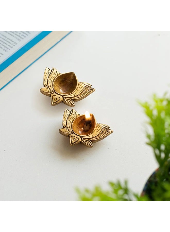 Aditri Creation Indian Traditional Set of 2 Lotus Pooja Puja Diya Oil lamp in Metal Antique Gold Plated Indian Traditional Pooja Items Articles Diya Lamps for Home Decorations Gift Items Puja Pooja kit (Size :- 2") - Image 2
