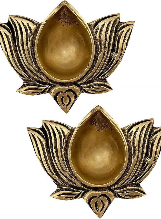 Aditri Creation Indian Traditional Set of 2 Lotus Pooja Puja Diya Oil lamp in Metal Antique Gold Plated Indian Traditional Pooja Items Articles Diya Lamps for Home Decorations Gift Items Puja Pooja kit (Size :- 2") - Image 1