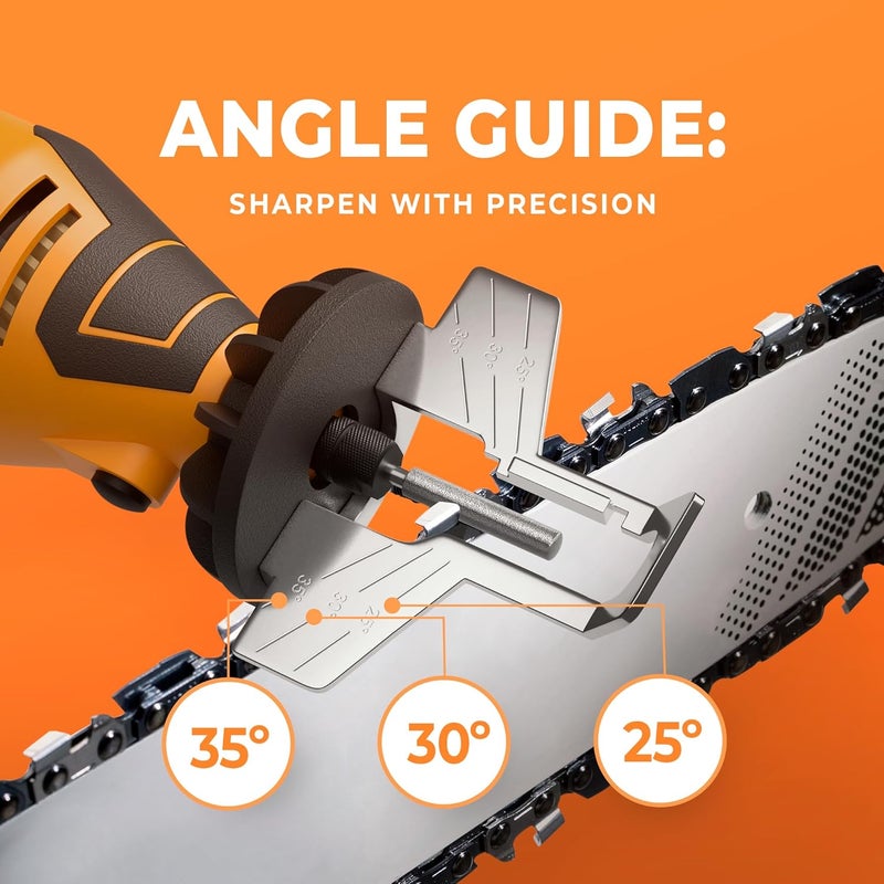 Sharp Pebble Electric Chainsaw Sharpener Kit - Comes with Chain Saw Sharpener Tool, 4 File Size Sharpening Wheel Bits, Angle Attachment, Wrench & eBook - Image 4