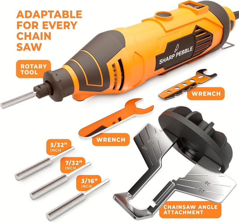 Sharp Pebble Electric Chainsaw Sharpener Kit - Comes with Chain Saw Sharpener Tool, 4 File Size Sharpening Wheel Bits, Angle Attachment, Wrench & eBook - Image 2