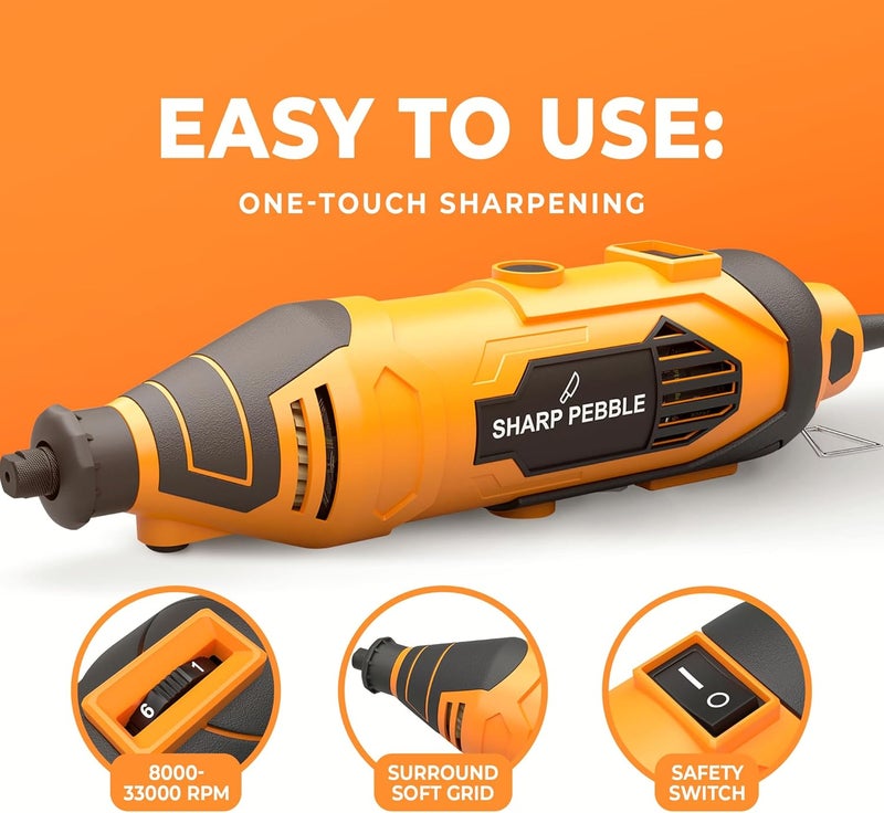 Sharp Pebble Electric Chainsaw Sharpener Kit - Comes with Chain Saw Sharpener Tool, 4 File Size Sharpening Wheel Bits, Angle Attachment, Wrench & eBook - Image 3